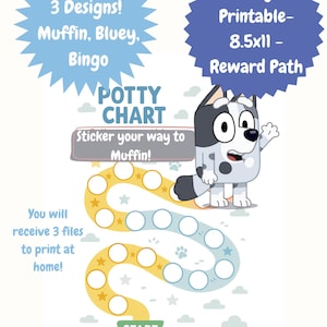 May include: A printable potty chart with a cartoon dog character. The chart has a reward path with star and circle designs, and the text "Sticker your way to Muffin!" The design is 8.5x11 inches and includes the text "3 Designs! Muffin, Bluey, Bingo."