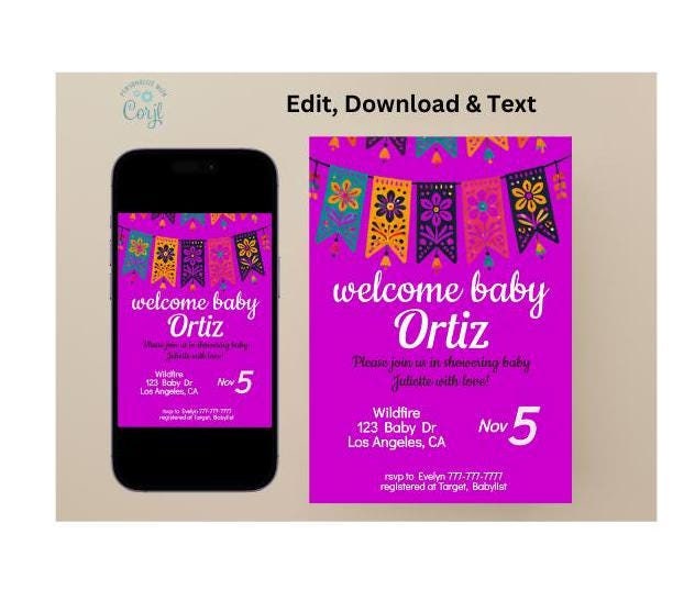 Flower Papel Picado Banner Colorful Digital Invite. Customizable Instant Download Print or Send Digitally JPG PNG PDF. Baby shower or Fiesta
