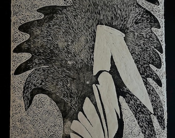 The Difference a Dawn Makes: a black floral linocut print on natural kitakata