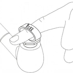 May include: A black and white line drawing of a ring featuring the text BZRK engraved on the band. The ring is shown positioned on a finger, with a portion of a pipe-like object visible underneath the band, illustrating the ring's functional design.