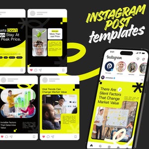 May include: Instagram post templates with a black background and bright yellow accents. The templates feature text about market value, with images of people and charts. A smartphone displays a template.
