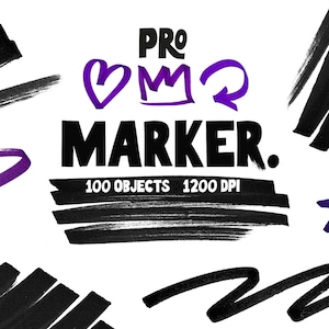 Könnte beinhalten: Grafische Elemente auf weißem Hintergrund. Das Wort „MARKER“ in fetten schwarzen Buchstaben. Lila Herz-, Kronen- und Pfeilsymbole befinden sich darüber. Schwarze Pinselstriche und ein lila Stern und Ring sind ebenfalls vorhanden. Text lautet „100 OBJEKTE 1200 DPI“.