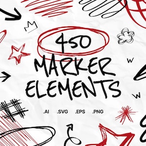 May include: A selection of 450 marker elements in black and red, including arrows, stars, and scribbles, on a white, textured background. The image also includes file type notations: .AI, .SVG, .EPS, and .PNG.