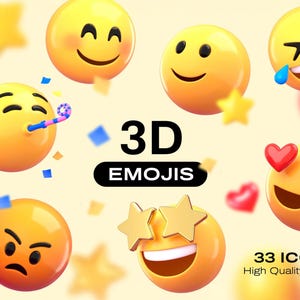 Peut inclure: Une collection d'icônes d'emoji 3D avec diverses expressions, notamment des visages souriants, rieurs et en colère. L'image présente des sphères jaunes avec différentes expressions faciales, des étoiles et des cœurs. Le texte indique "3D EMOJIS" et "33 ICONS High Quality PNGs."