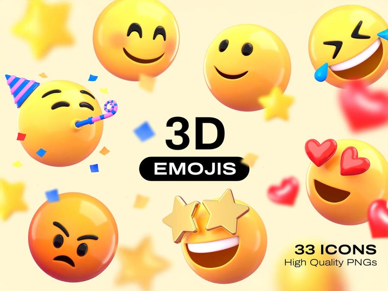 Może przedstawiać: Zbi&oacute;r ikon emoji 3D z r&oacute;żnymi wyrazami twarzy, w tym uśmiechniętymi, śmiejącymi się i złymi. Obraz przedstawia ż&oacute;łte kule z r&oacute;żnymi wyrazami twarzy, gwiazdami i sercami. Tekst brzmi "3D EMOJIS" i "33 ICONS High Quality PNGs."