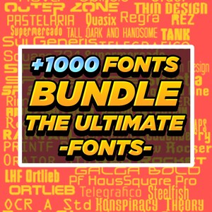 Op de afbeelding: Een grafisch ontwerp advertentie met een rode achtergrond en diverse lettertypenamen in geel. Een centrale witte rechthoek toont de tekst "+1000 FONTS BUNDLE THE ULTIMATE -FONTS-" in vette, gele en zwarte letters.