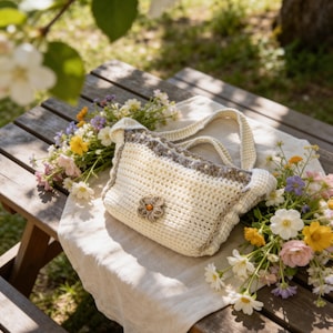 May include: A cream-colored crochet handbag with a flower applique, resting on a linen cloth atop a wooden picnic table. The bag has a brown trim and handle. Colorful wildflowers and blossoms surround the bag, with a blurred background of greenery.