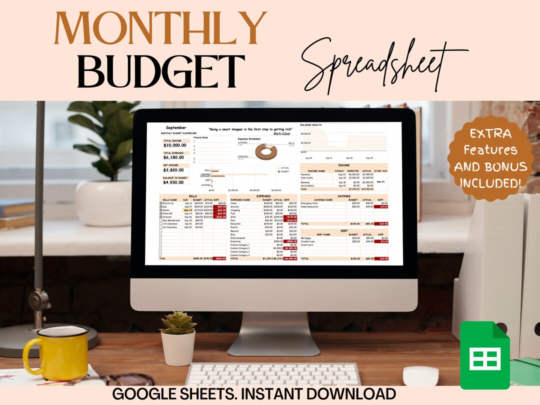 Custom Monthly Budget Google Sheet Spreadsheet - Etsy