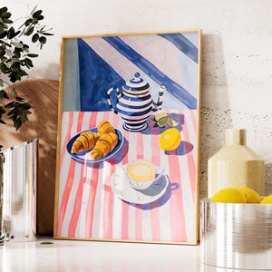 Brunch Cafe Art Print, Croissant Painting, Tea Poster, Pink Wall Decor, Tea Pot Wall Art, Framed Wall Art, Floral Wall Art, Feminine Art