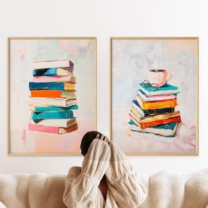 Stack of Books Art Print, Books Painting, Reading Poster, Pink Wall Decor, Library Art, Framed Wall Art, Large Wall Art, Bookish, Reading