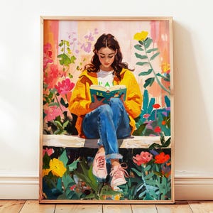 Pink Floral Reading Art Print, Woman Reading Art, Reading Poster, Cute Wall Art, Library Wall Decor, Framed Wall Art, Oil Painting, Wall Art