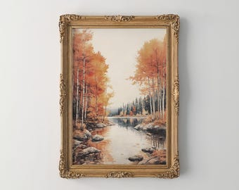 Birch Tree River Wall Art, Autumn Landscape Watercolor Print, Fall Forest Poster, Cozy Nature Home Decor