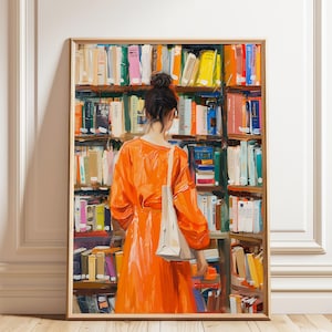 May include: A painting of a person in an orange dress standing in front of a bookshelf filled with books. The person is looking at the books and has a white bag over their shoulder.