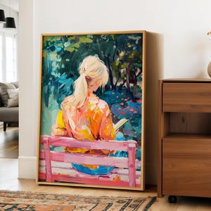 Pink Floral Reading Art Print, Woman Reading Art, Reading Poster, Cute Wall Art, Library Wall Decor, Framed Wall Art, Oil Painting, Wall Art
