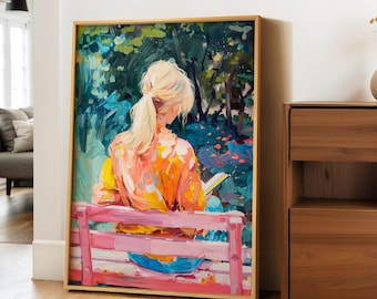 Impresión artística de lectura floral rosa, arte de mujer leyendo, póster de lectura, arte mural bonito, decoración de pared de biblioteca, arte mural enmarcado, pintura al óleo, arte mural