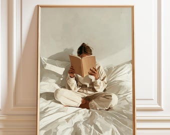 Cozy Reading Girl Wall Art | Minimalist Faceless Woman Poster | Neutral Book Lover Print for Bedroom or Office | Framed or Unframed Poster