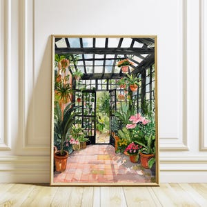 May include: A watercolour painting of a greenhouse filled with lush green plants and flowers. The greenhouse has a wooden frame and a glass roof. The plants are arranged in pots and hanging baskets. The floor is tiled in a light brown colour.