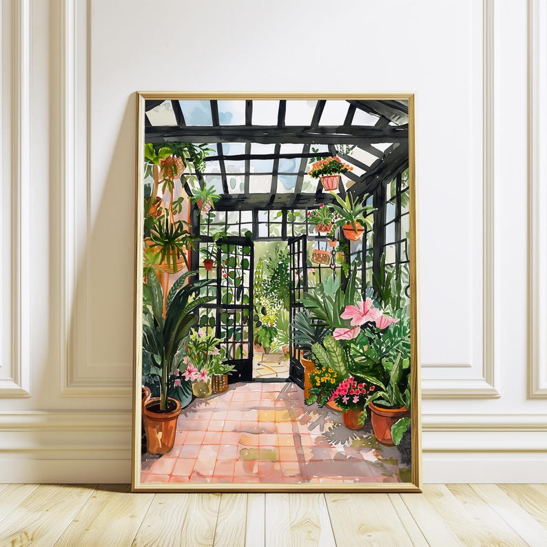 May include: A watercolour painting of a greenhouse filled with lush green plants and flowers. The greenhouse has a wooden frame and a glass roof. The plants are arranged in pots and hanging baskets. The floor is tiled in a light brown colour.