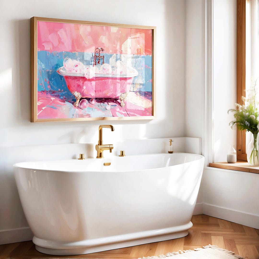 Bathtub Art Print, Trendy Pink Art Print, Bubble Bath Poster, Cute Wall ...