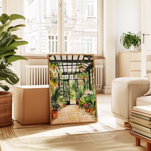 May include: A watercolour painting of a greenhouse filled with lush green plants and flowers. The greenhouse has a wooden frame and a glass roof. The painting is framed in a black frame.