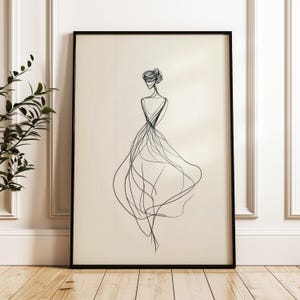 Impresión vintage de boceto femenino, impresión de línea fina, impresión abstracta moderna de mediados de siglo, boceto en blanco y negro, póster de mujer, arte mural neutro.