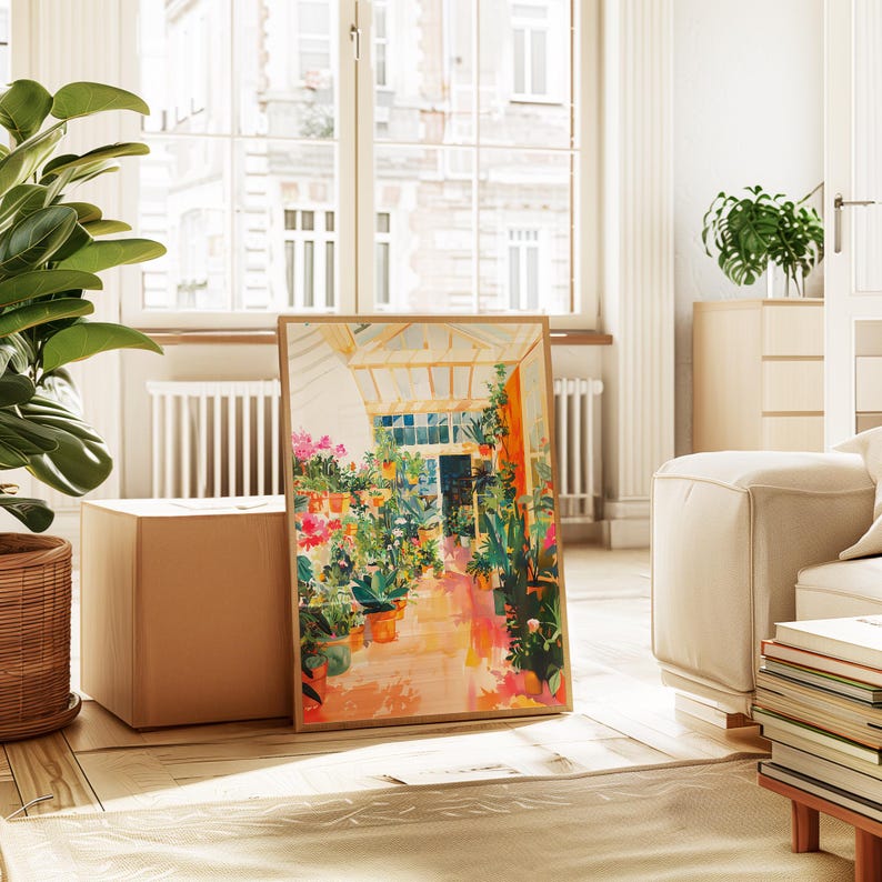 Puede incluir: Una impresi&oacute;n art&iacute;stica enmarcada que representa una colorida escena de invernadero con flores y plantas vibrantes en macetas de terracota. La obra de arte tiene una paleta de colores c&aacute;lidos con tonos naranja, rosa y verde. La impresi&oacute;n se muestra en un suelo de madera.