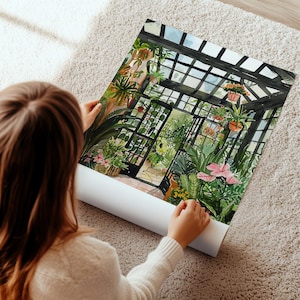 May include: A watercolour painting of a greenhouse filled with lush greenery and hanging plants. The greenhouse has a glass roof and black metal framing. The painting is framed and rolled up.