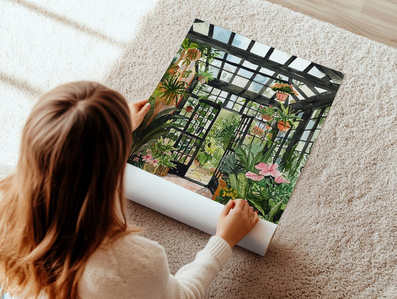 May include: A watercolour painting of a greenhouse filled with lush greenery and hanging plants. The greenhouse has a glass roof and black metal framing. The painting is framed and rolled up.
