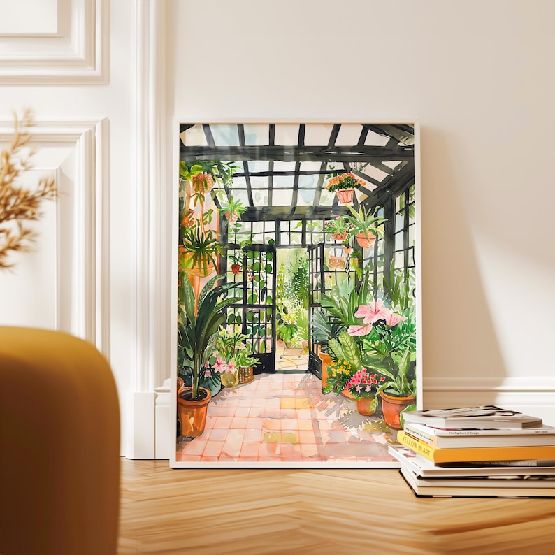 May include: A watercolour painting of a greenhouse filled with lush green plants and flowers. The greenhouse has a wooden frame and a glass roof. The painting is framed in a white frame.