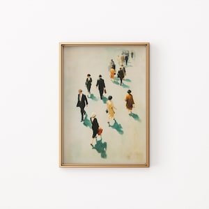 Könnte beinhalten: Ein gerahmter Kunstdruck, der eine Gruppe von Menschen beim Gehen zeigt. Das Kunstwerk zeigt Figuren in verschiedenen Outfits, mit langen Schatten auf hellem Hintergrund. Der Rahmen ist goldfarben.
