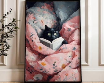 Cat Reading Book in Bed Art Print | Whimsical Black Cat Poster | Pink Floral Aesthetic | Cozy Book Lover Gift | Framed or Unframed Wall Art