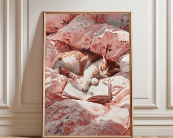 Cozy Cat Bookish Art Print | Whimsical Black Cat Poster | Pink Floral Aesthetic | Cozy Book Lover Gift | Framed or Unframed Wall Art