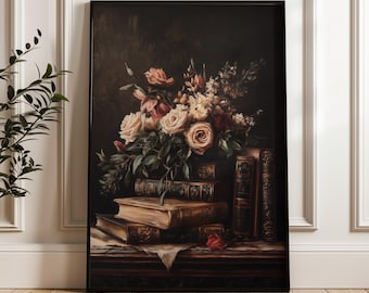 Dark Academia Wall Art, Vintage Book and Flower Print, Moody Library Decor, Framed Poster Art, Gothic Aesthetic, Literary Print, Large Print