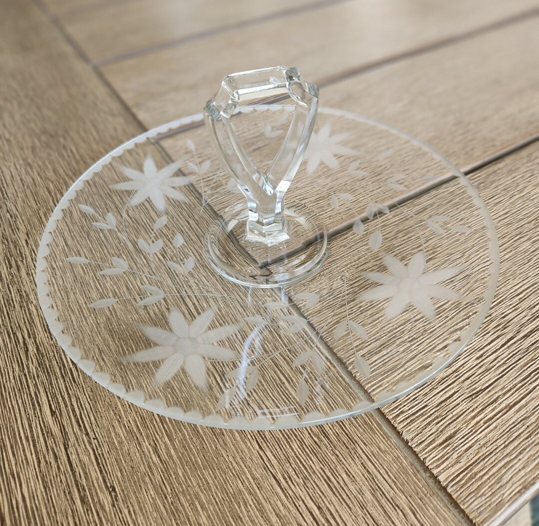 Daisy Etched Glass Snack Tray With Handle Etsy
