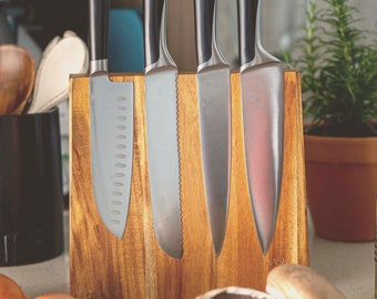 Magnetic knife block. Acacia wood magnetic knife holder. Double sided holds 8 large chef knives. KNIFE BLOCK ONLY