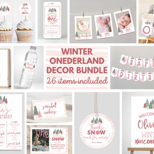 Winter Onederland Party Decor Bundle, Winter Onederland Party Kit, Editable Winter Wonderland Decorations, Pink Girl First Birthday Decor