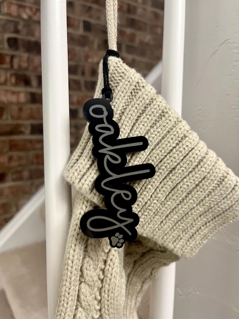 Modern Stocking Tag, Black Acrylic Name Tag, Sleek Christmas Decor