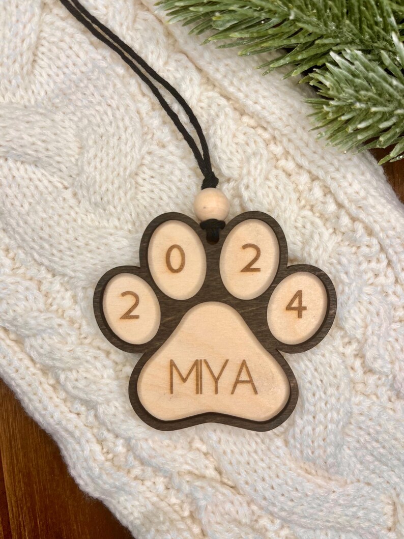 Custom Pet Name Ornament, Paw Print Stocking Tag, Dog or Cat Holiday