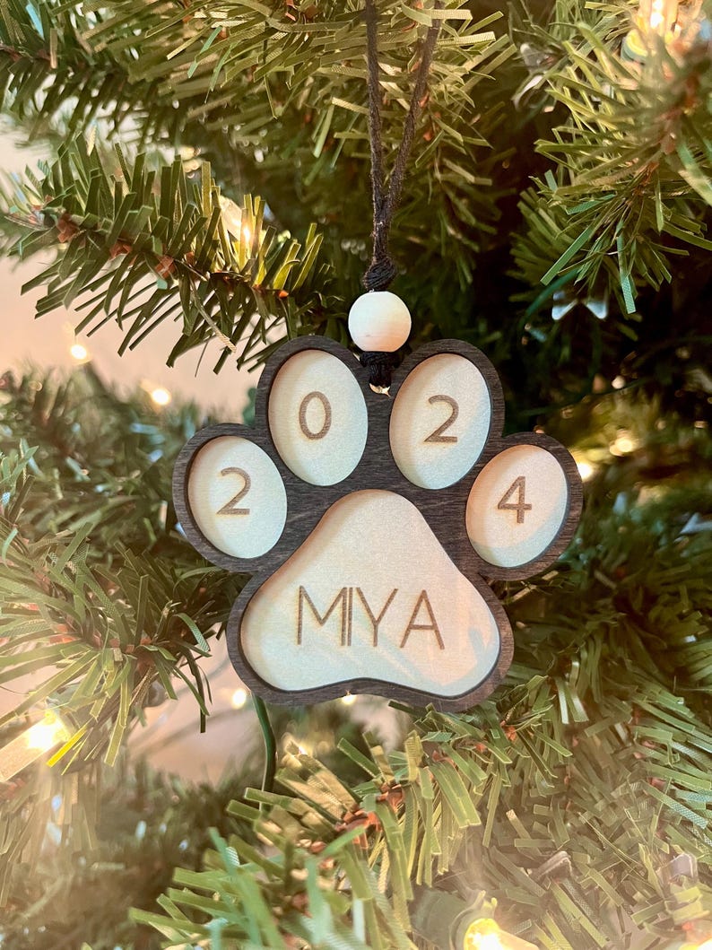Custom Pet Name Ornament, Paw Print Stocking Tag, Dog or Cat Holiday