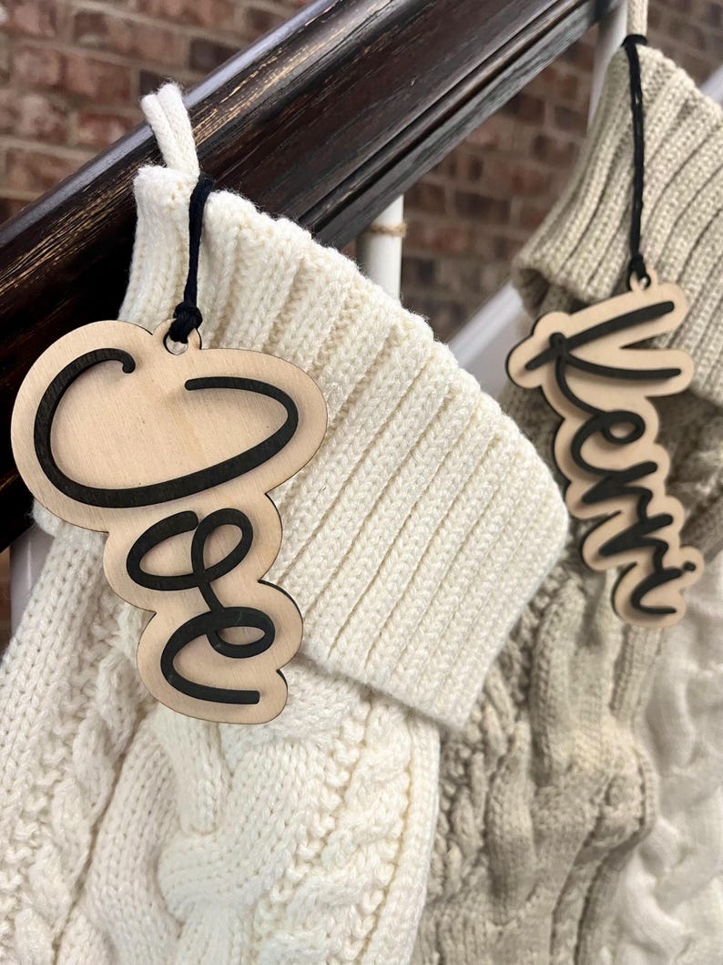 Neutral Stocking Tags, Custom Name Ornaments, Modern Farmhouse