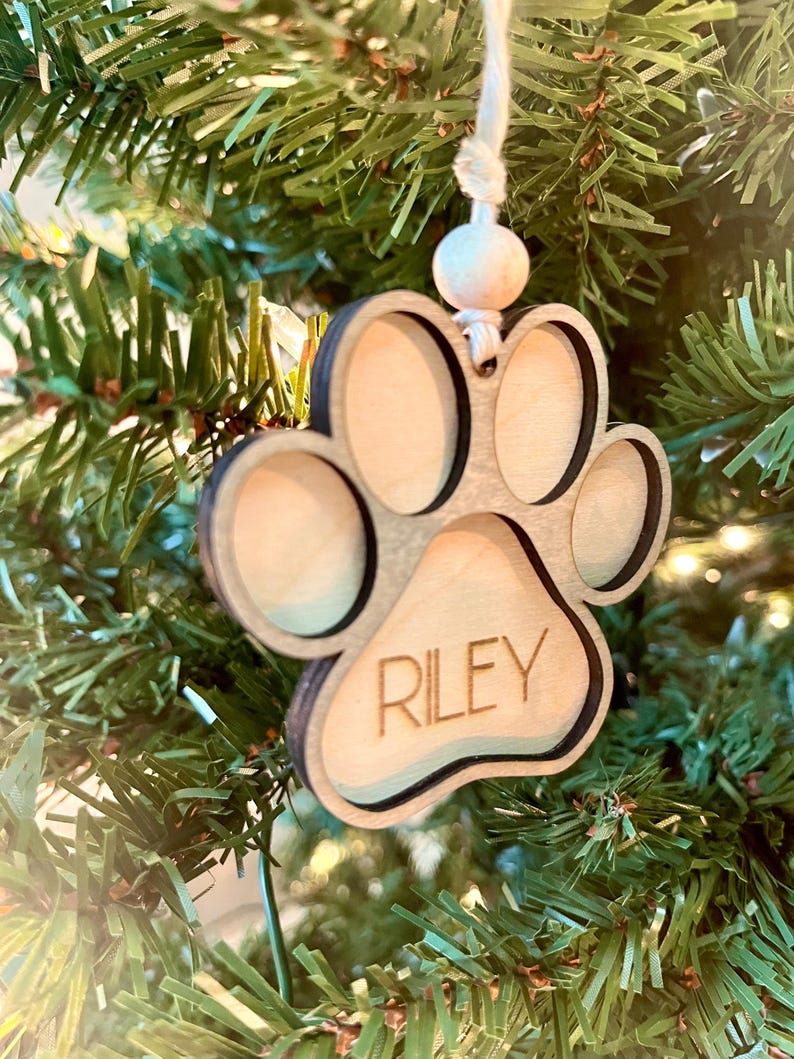 Custom Pet Name Ornament, Paw Print Stocking Tag, Dog or Cat Holiday