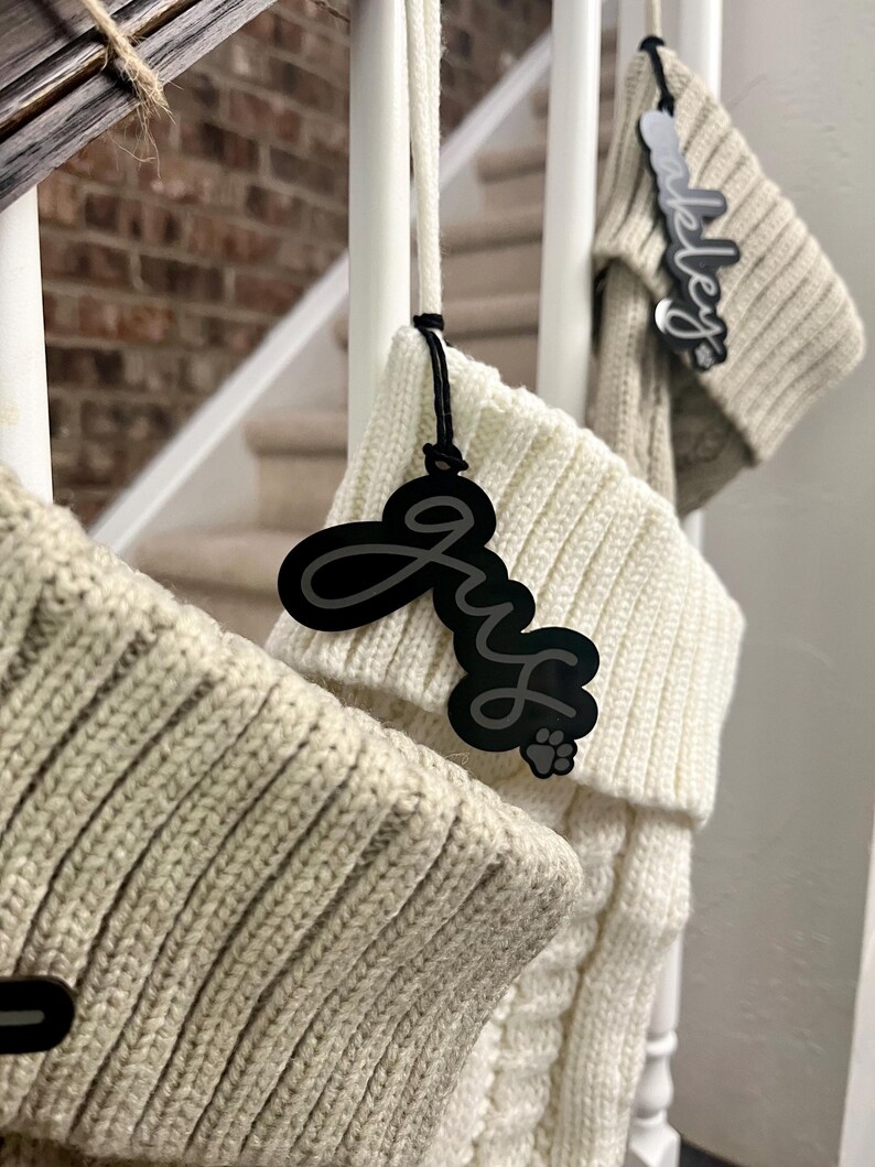 Modern Stocking Tag, Black Acrylic Name Tag, Sleek Christmas Decor