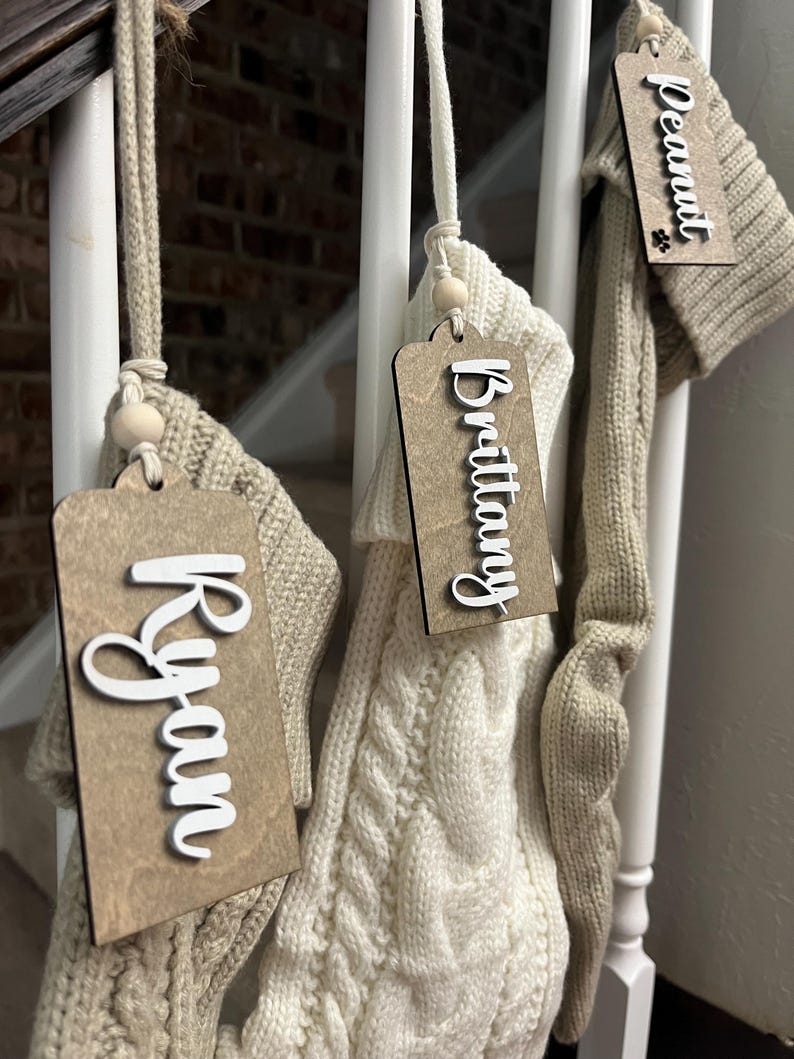 Wood Stocking Tags, Custom Name Ornaments, Modern Farmhouse Christmas