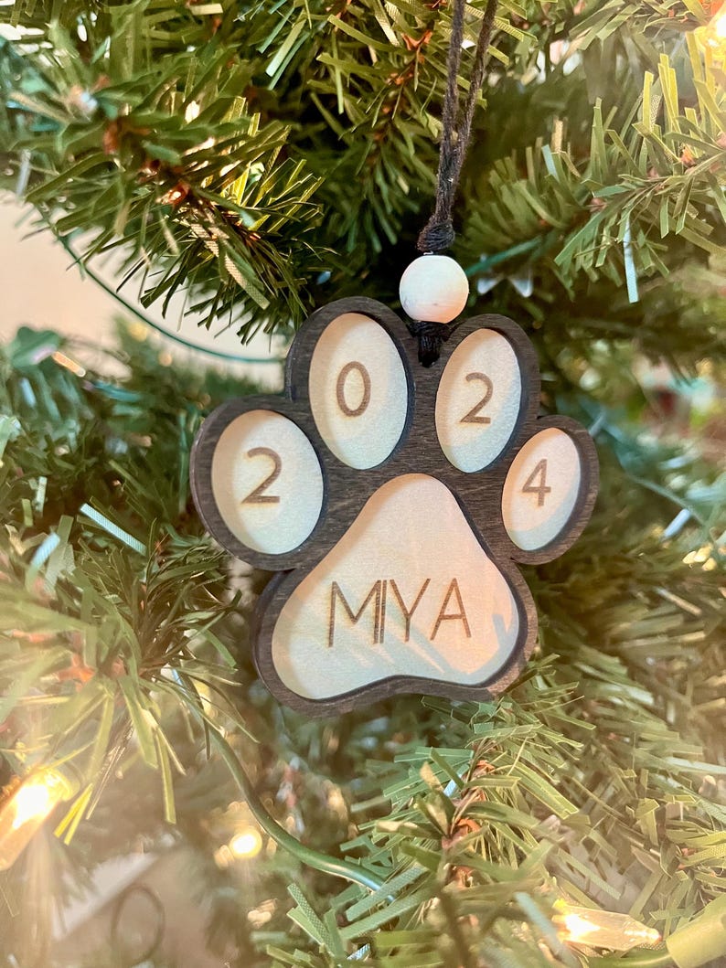 Custom Pet Name Ornament, Paw Print Stocking Tag, Dog or Cat Holiday