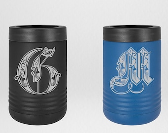 Insulated Beer Can Cooler  - Old English Gothic Monogram Beverage Holder - Unique Monogram design - Perfect Gift For Any Occasion