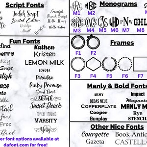 May include: A white marble background with a list of script, fun, manly and bold, and other nice fonts. The list includes font names like "Allana", "Indah Script", "Lemon Milk", "Varsity", "Army", "Copperplate", "Courgette", and "Castellar".