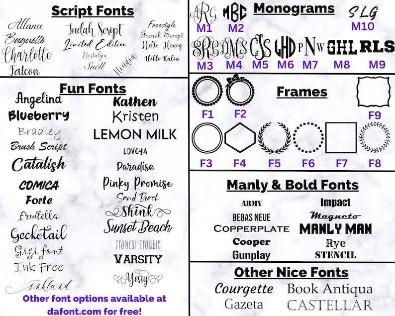 May include: A white marble background with a list of script, fun, manly and bold, and other nice fonts. The list includes font names like "Allana", "Indah Script", "Lemon Milk", "Varsity", "Army", "Copperplate", "Courgette", and "Castellar".