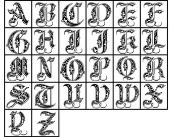 Puede incluir: Letras del alfabeto en blanco y negro en una fuente gótica decorativa. Cada letra se muestra en un cuadrado separado.