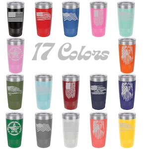 May include: 17 different color options for a stainless steel tumbler with a variety of designs, including an American flag, a star, and a bald eagle. The tumblers are all 20 ounces.