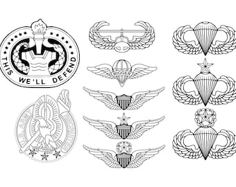 May include: Black and white line art illustrations of various military badges, including the U.S. Army Recruiter badge, the Parachutist badge, and the Air Assault badge. The text "This We'll Defend" is featured on one of the badges.